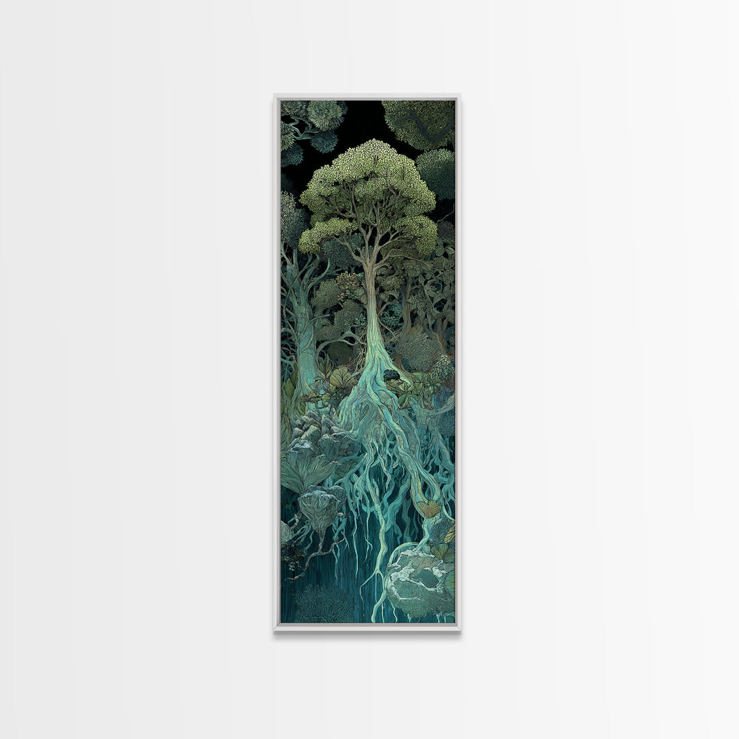 Glowing Root Tree In Dark Enchanted Forest Canvas Print, Mystical Wall Art, Spiritual Nature Decor, Surreal Botanical Home