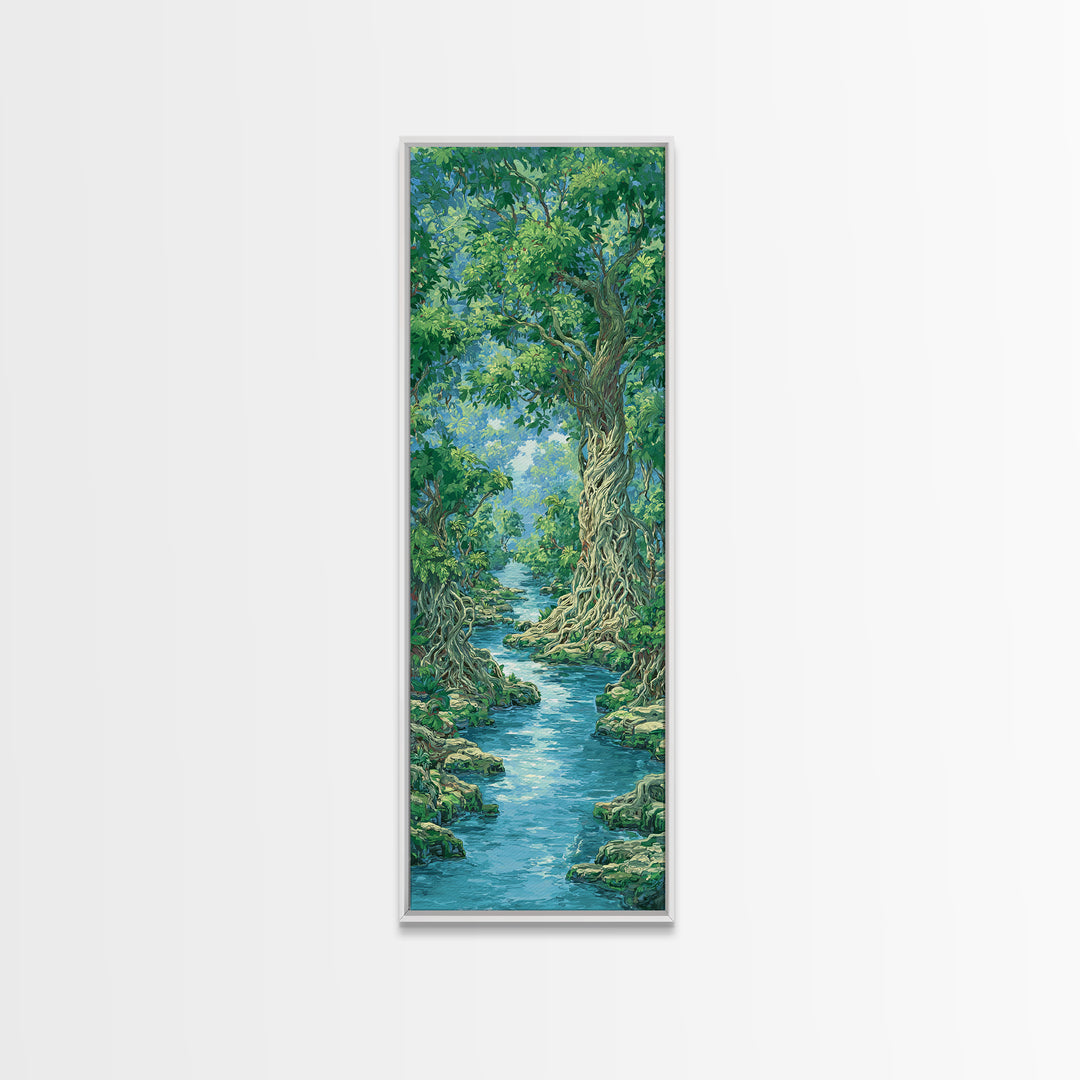 Ancient Tree River Path Through Emerald Forest Wall Art, Nature Scene, Green Landscape, Dreamy Jungle Decor For Home Print