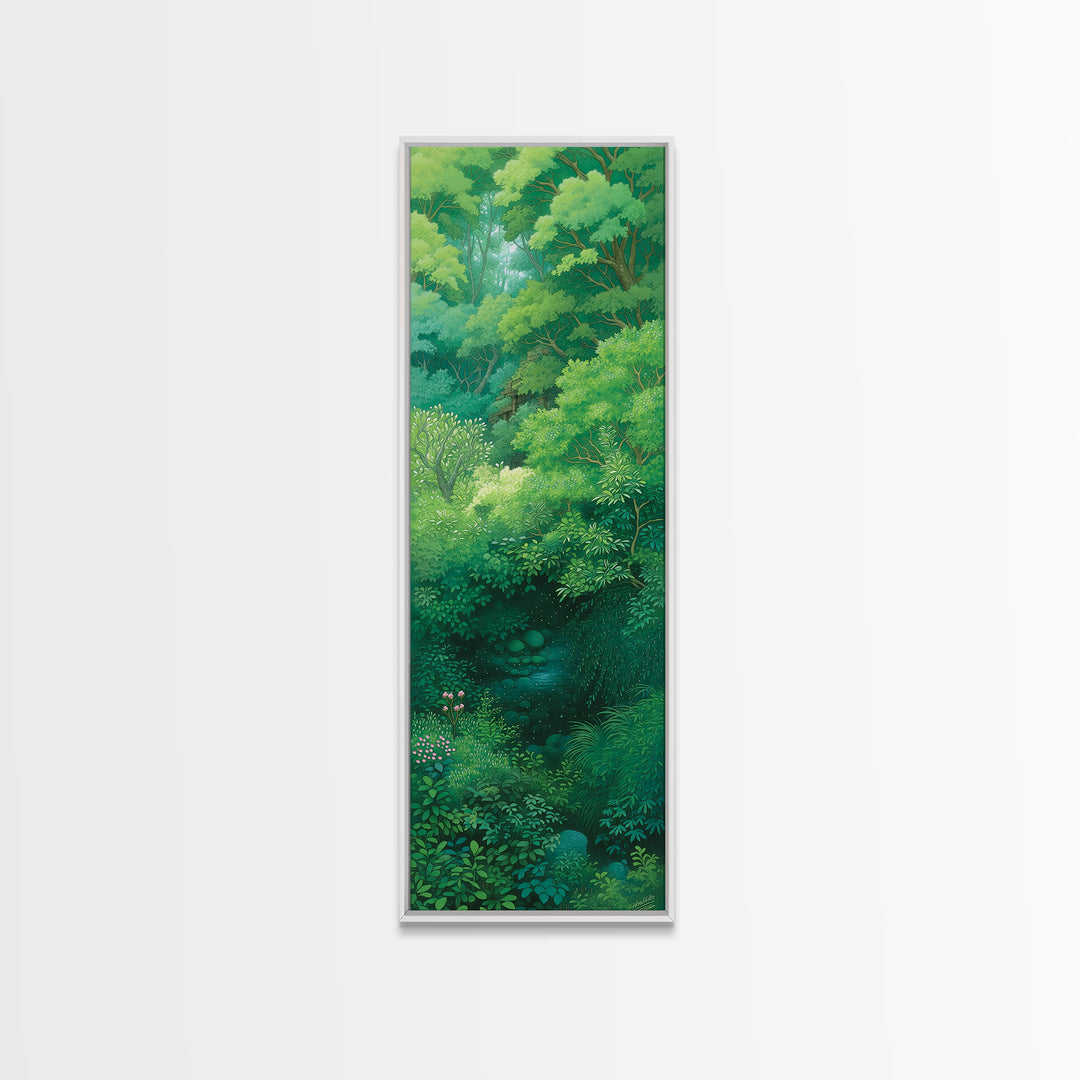 Verdant Hidden Creek And Soft Green Canopy Framed Canvas Print, Botanical Wall Art, Nature Scene, Calming Forest Decor Gift
