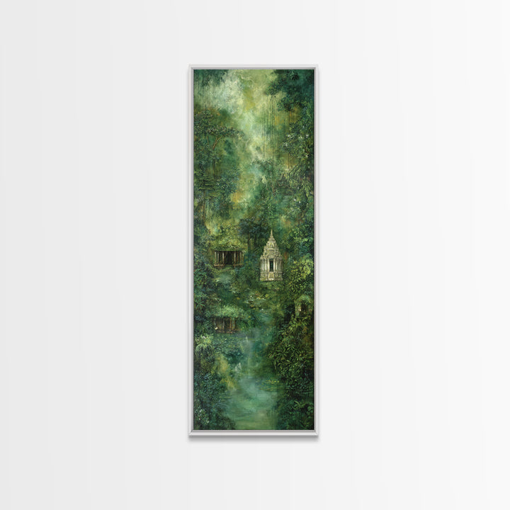 Misty Rainforest Temple With Hanging Vines Wall Art, Ancient Jungle Shrine, Spiritual Nature Scene, Green Home Decor Print