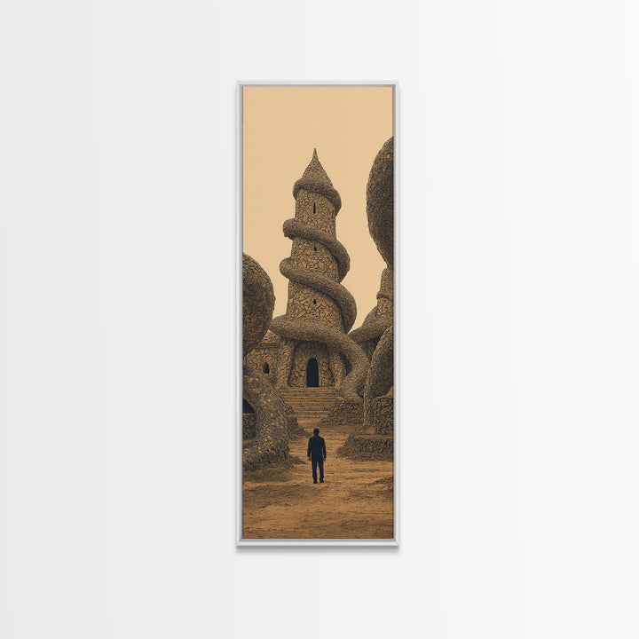 Surreal Sand Castle Tower With Lone Traveler Wall Art, Fantasy Architecture Print, Earth Tone Decor, Statement Piece Gift
