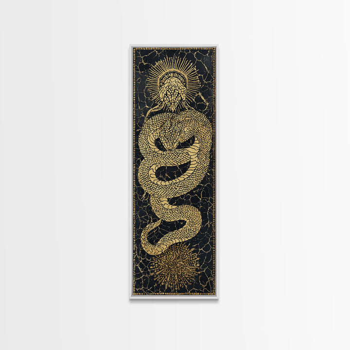 Golden Serpent Sun Mosaic On Black Canvas Print, Spiritual Wall Art, Mystical Snake Decor, Bold Statement Gift For Home Decor