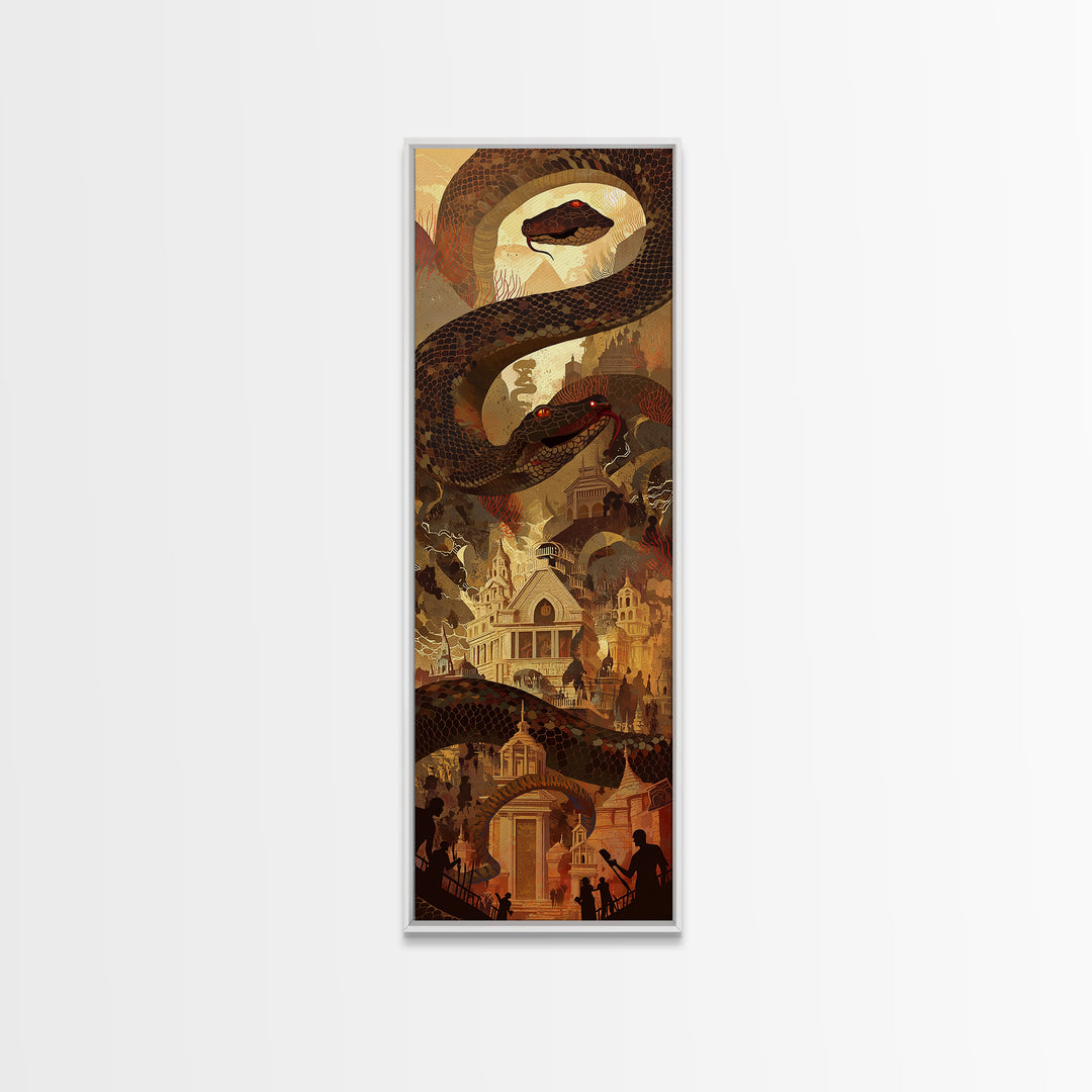 Giant Serpent Over Golden Fantasy City Wall Art, Mystical Statement Decor, Dark Academia Large Canvas Artwork For Living Room