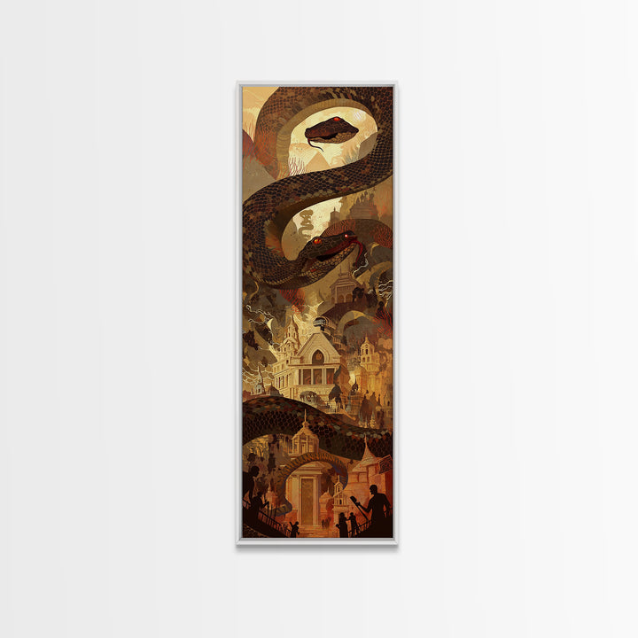 Giant Serpent Over Golden Fantasy City Wall Art, Mystical Statement Decor, Dark Academia Large Canvas Artwork For Living Room