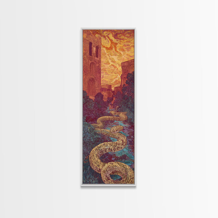 Golden Serpent Through Cathedral Garden Wall Art, Mystical Landscape Decor, Fantasy City Large Canvas Artwork For Home Gift