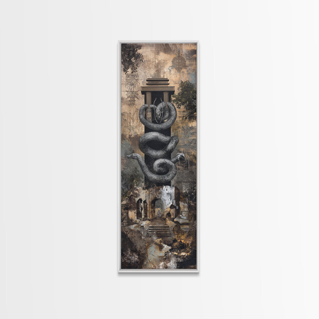 Black Serpent Coiled Around Ancient Monument Framed Canvas Print, Mystical Wall Art, Gothic Ruins Decor For Living Room Gift
