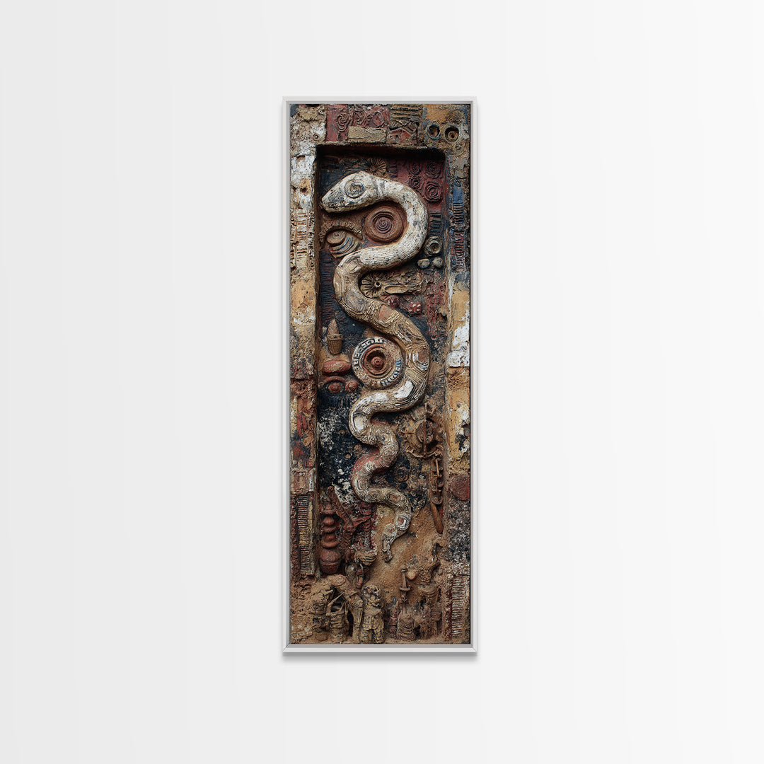 Ancient Serpent Relief On Weathered Door Wall Art, Textured Abstract Decor, Tribal Inspired Canvas Artwork For Home Entryway