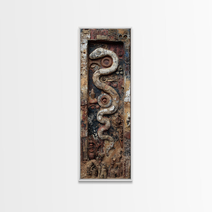Ancient Serpent Relief On Weathered Door Wall Art, Textured Abstract Decor, Tribal Inspired Canvas Artwork For Home Entryway