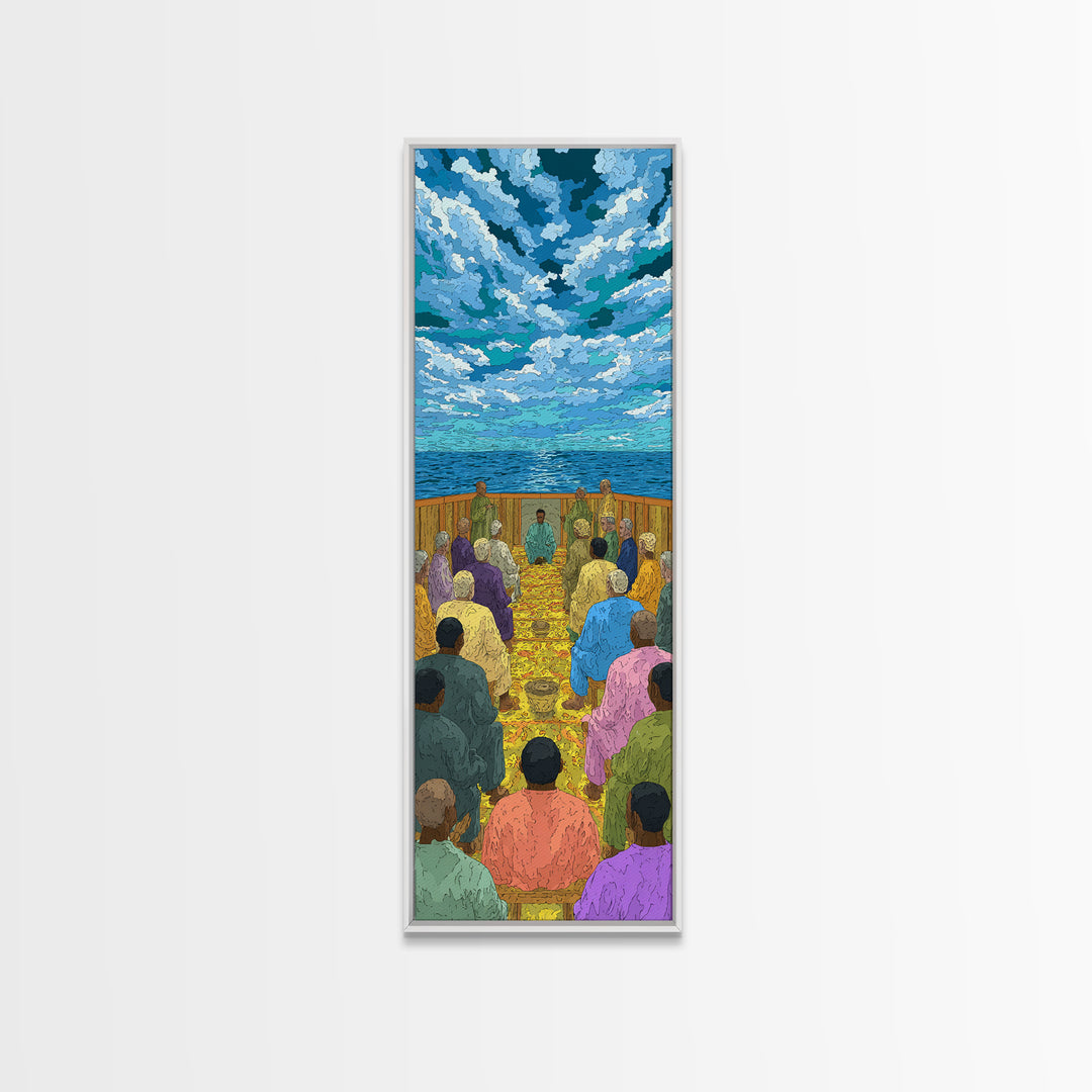 Ocean Baptism Gathering Under Blue Sky Canvas Print, African Spiritual Wall Decor, Coastal Church Art, Serene Home Gift, Calm Decor