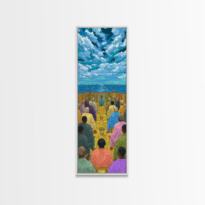 Ocean Baptism Gathering Under Blue Sky Canvas Print, African Spiritual Wall Decor, Coastal Church Art, Serene Home Gift, Calm Decor