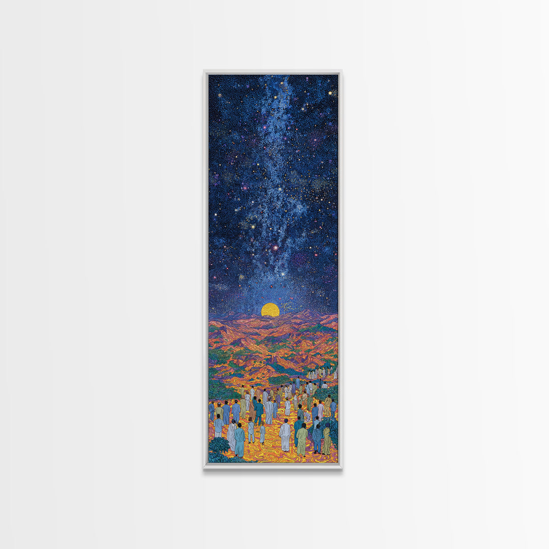 Starry Desert Pilgrimage With Rising Sun Wall Art, African Landscape Print, Celestial Night Decor, Cultural Home Gift, Bedroom Statement