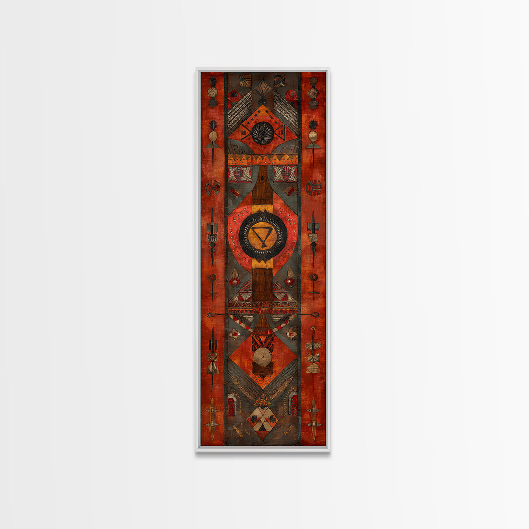 Red Geometric African Tribal Wall Art, Symbolic Pattern Canvas Print, Ethnic Cultural Decor, Bold Statement Home Decor Gift