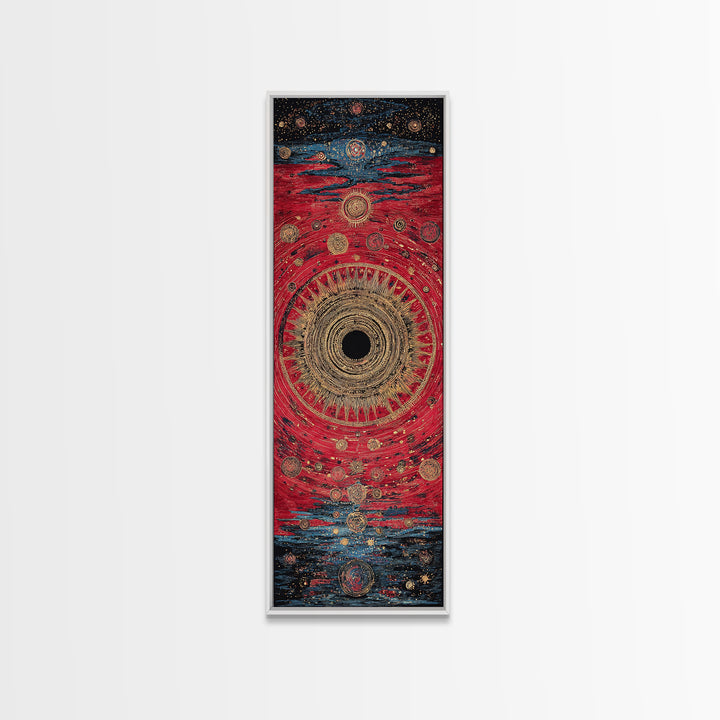 Red Gold Celestial Vortex Mandala Canvas Print, Abstract African Inspired Wall Art, Mystical Boho Decor For Spiritual Room