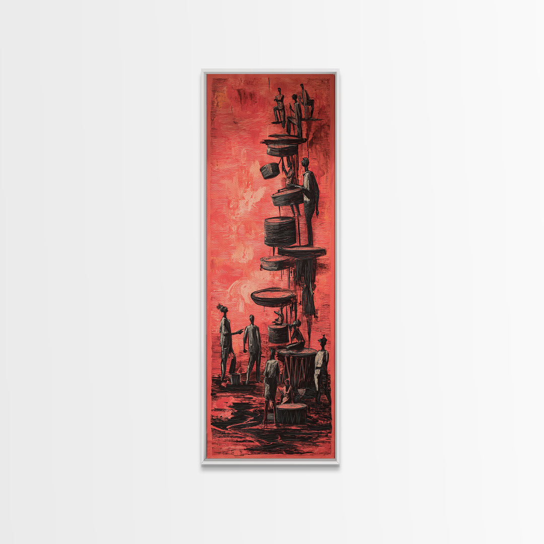 Red Surreal Figures Climbing Stacked Paths Wall Art, African Abstract Story Print, Modern Black Culture Decor Canvas For Office