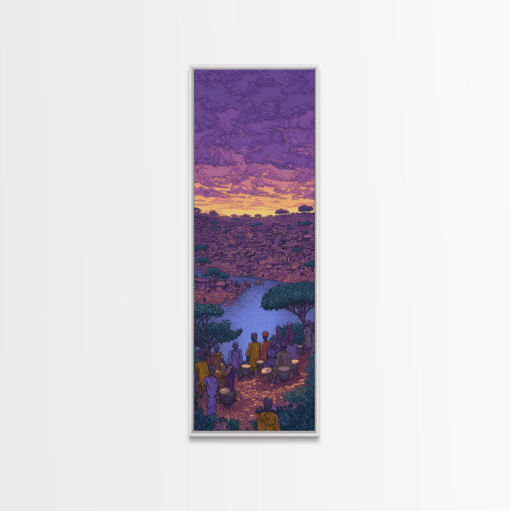 Purple African River City Sunset Wall Art, African Landscape Painting Print, Cultural Home Decor Canvas For Living Room Gift