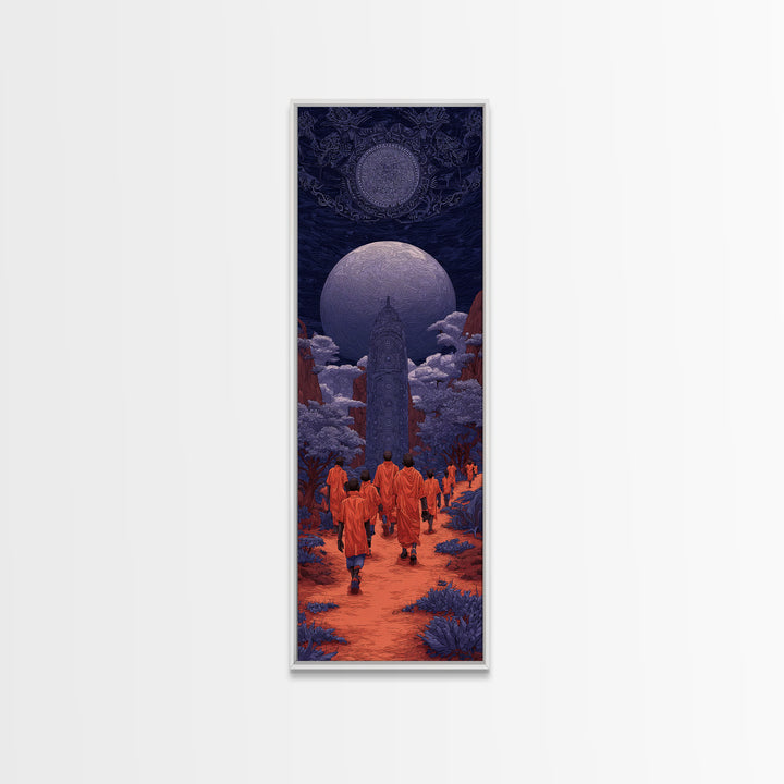 Orange Robed Pilgrims Beneath Twin Moons, African Wall Art, Afrocentric Decor, Mystical Landscape, Cultural Home Decor Gift