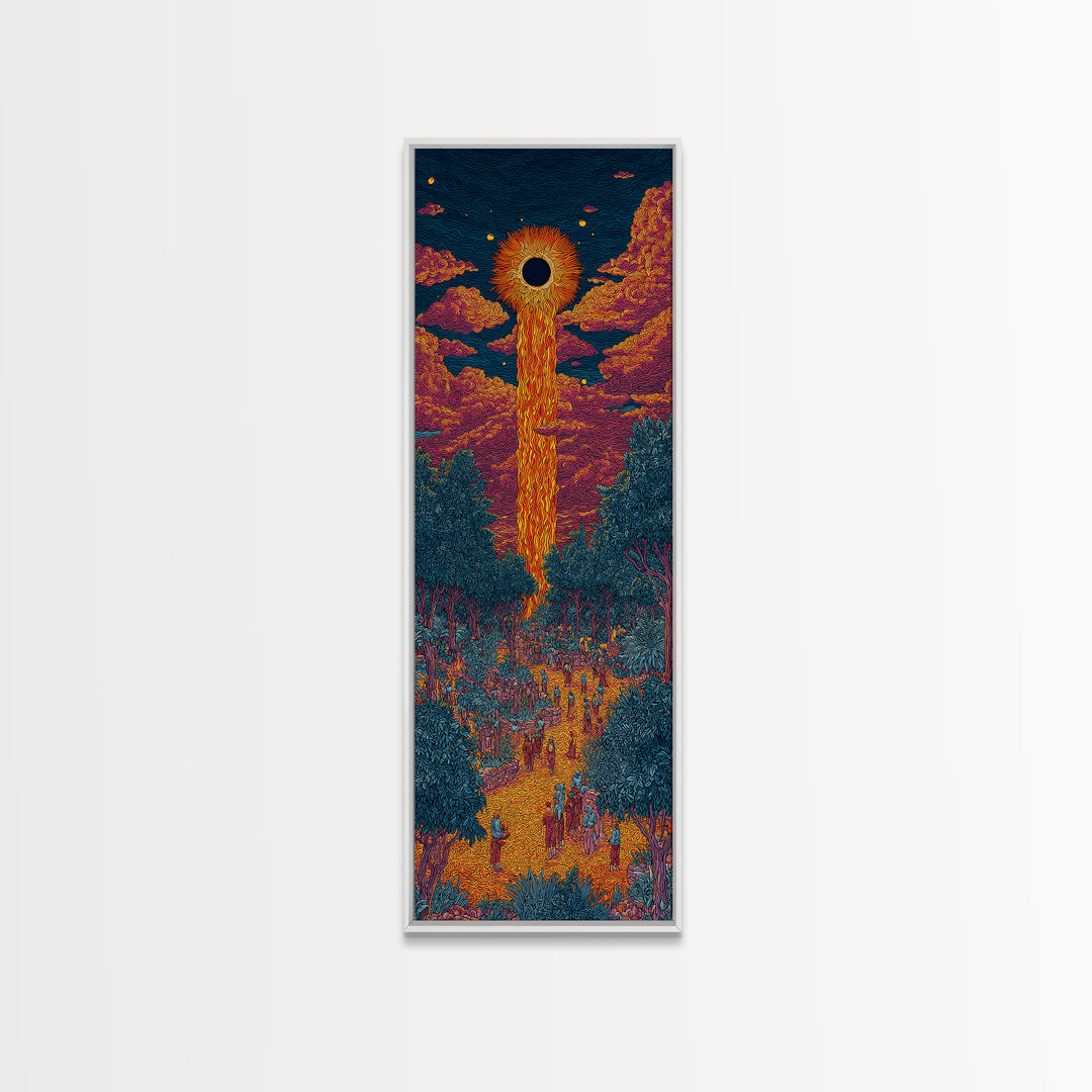 Solar Eclipse Portal Over Neon Forest, Framed Canvas Print, Mystical Wall Art, Afrocentric Decor, Vibrant Statement Piece