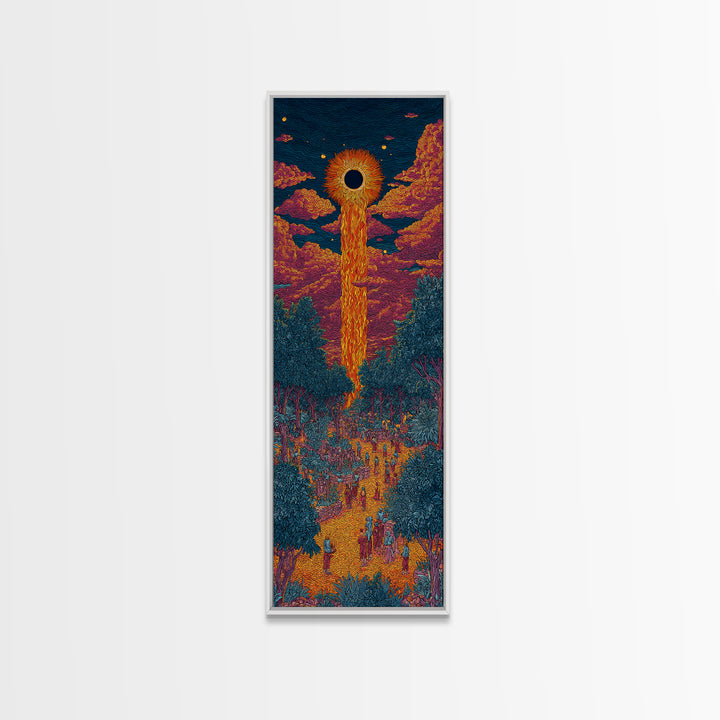 Solar Eclipse Portal Over Neon Forest, Framed Canvas Print, Mystical Wall Art, Afrocentric Decor, Vibrant Statement Piece