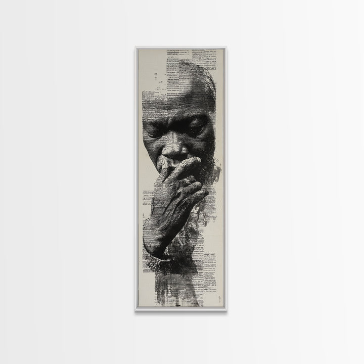 Contemplative Black Man Portrait In Text, Framed Canvas Print, Black Wall Art, Afrocentric Decor, Thoughtful Gift For Him