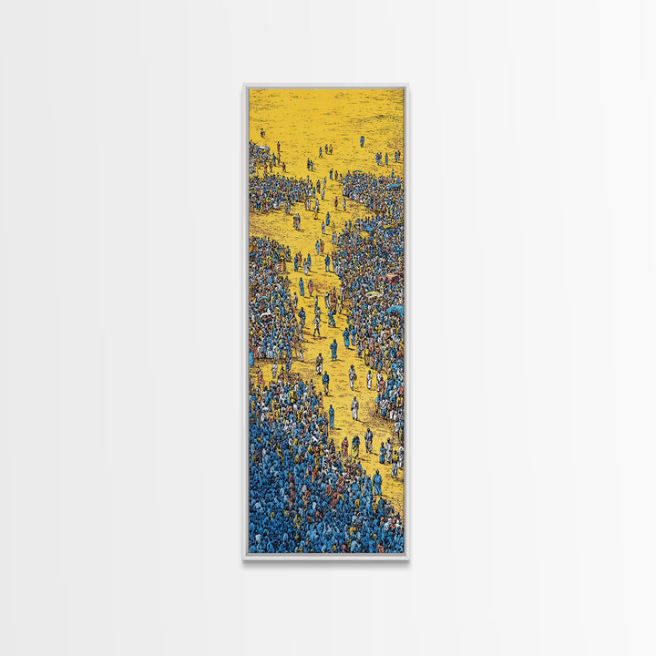 Golden Path Through Blue Crowd Canvas Print, African Celebration Art, Cultural Wall Decor, Bold Tribal Abstract Home Decor