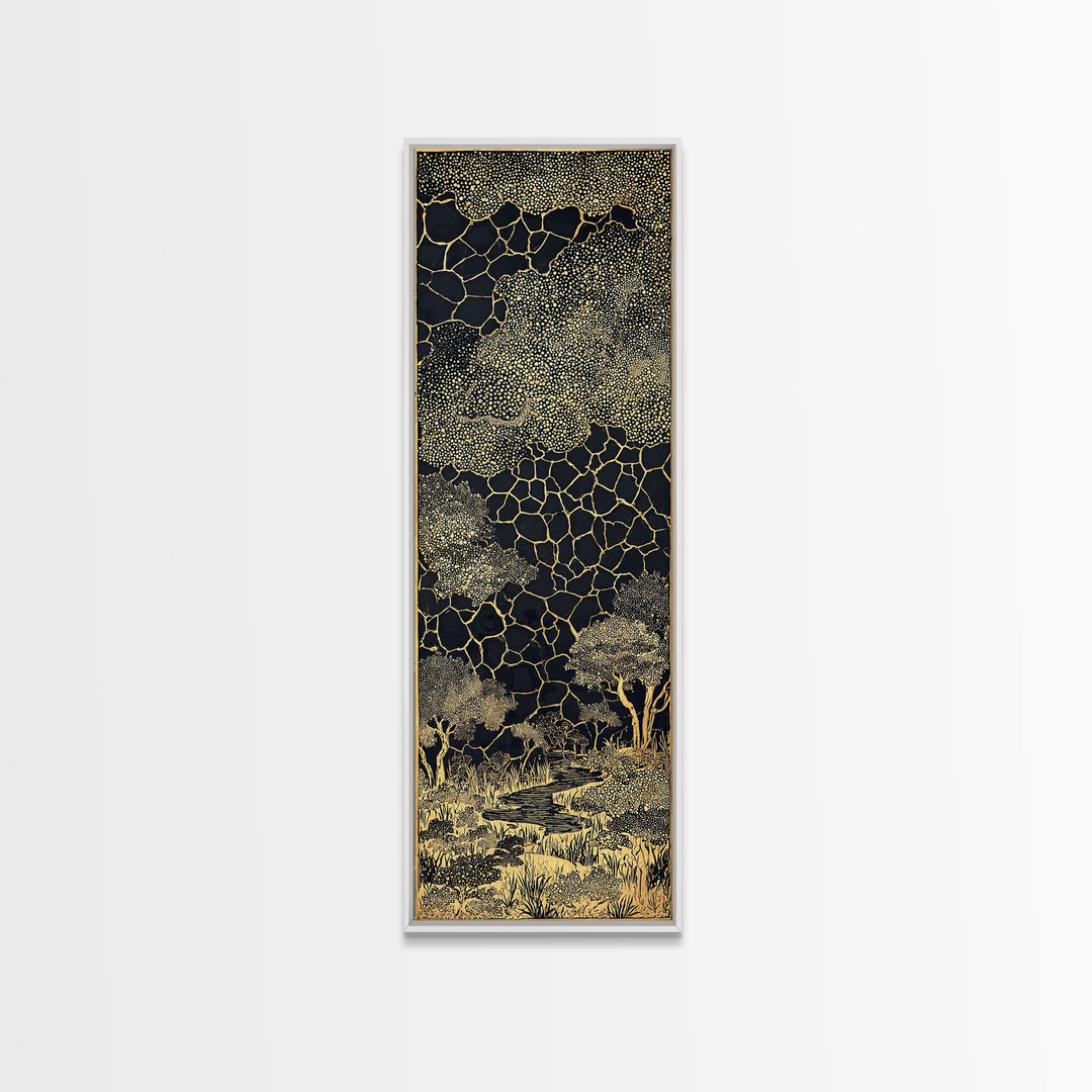 Gold Acacia Trees In Cracked Night Landscape Canvas Print, African Wall Art, Black And Gold Tribal Decor, Luxury Home Accent