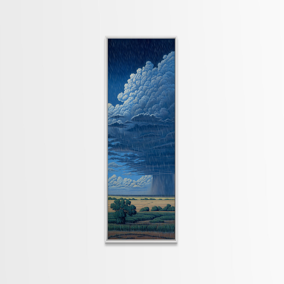 Blue Rainstorm Over African Plains Framed Canvas Print, Dramatic Cloud Wall Art, Nature Scene Decor, Unique Landscape Gift
