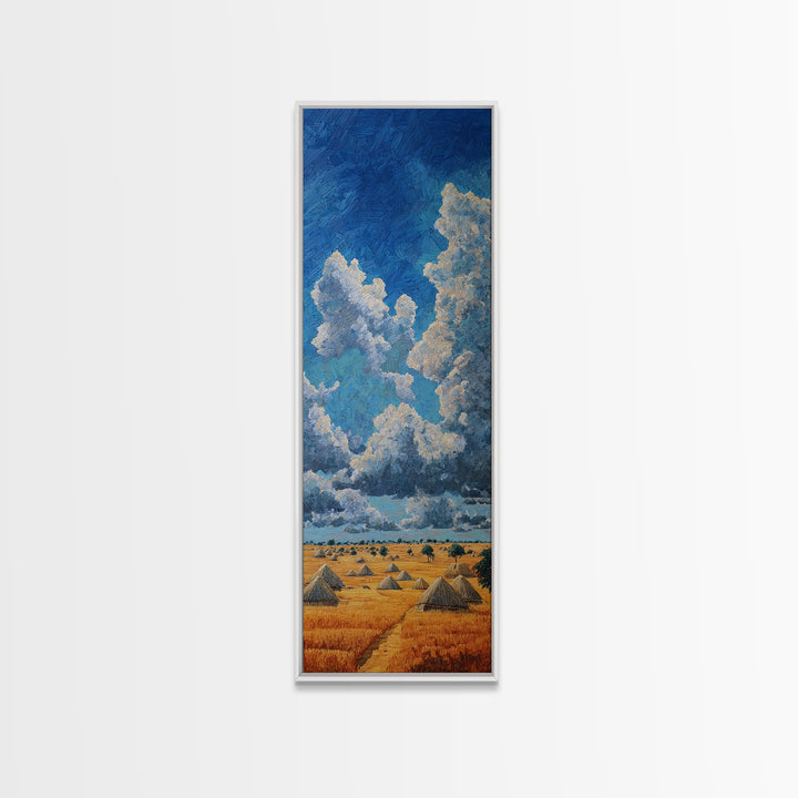 Golden Savanna Huts Under Towering Blue Clouds Canvas Print, African Landscape Wall Decor, Safari Art For Living Room Decor Gift