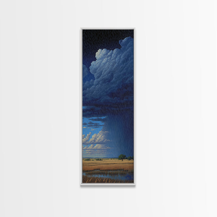 Night Rainstorm Over Wide Golden Plains Wall Art, African Landscape Print, Moody Storm Decor, Blue Safari Canvas Gift For Home