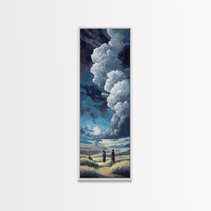 Two Figures Beneath Dramatic Storm Clouds Canvas Print, African Landscape Wall Art, Moody Blue Safari Decor For Home Gift