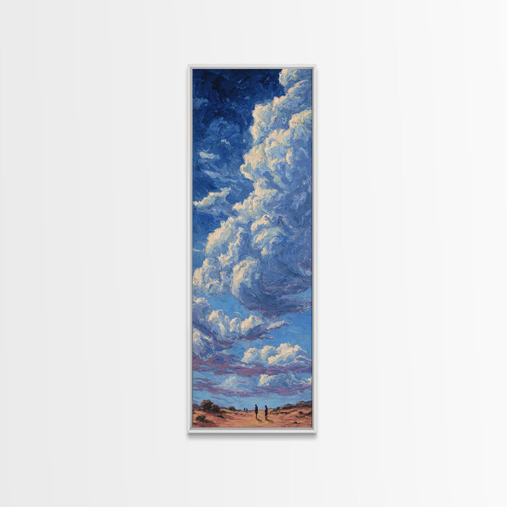 Desert Walkers Under Sculpted Blue Clouds Wall Art, African Landscape Canvas Print, Modern Safari Decor For Living Room Gift