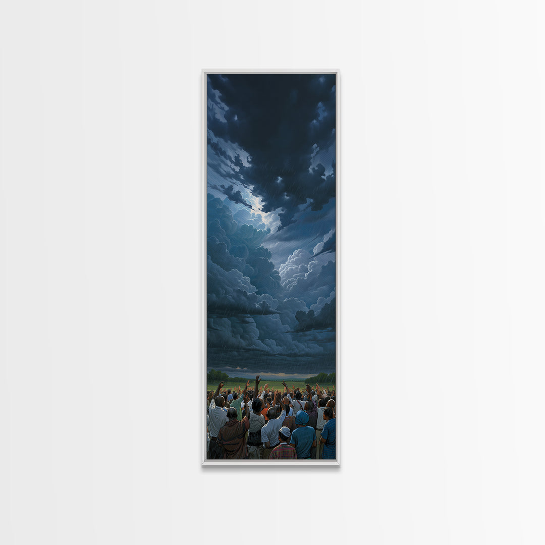 Dramatic Storm Clouds Over African Crowd Wall Art, Afrocentric Landscape Print, Black Culture Decor, Moody Sky Canvas Gift