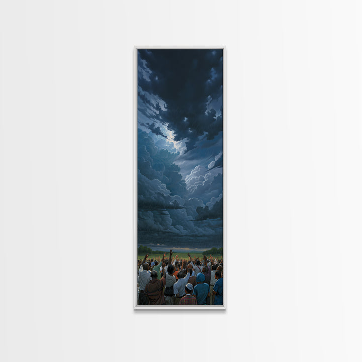 Dramatic Storm Clouds Over African Crowd Wall Art, Afrocentric Landscape Print, Black Culture Decor, Moody Sky Canvas Gift