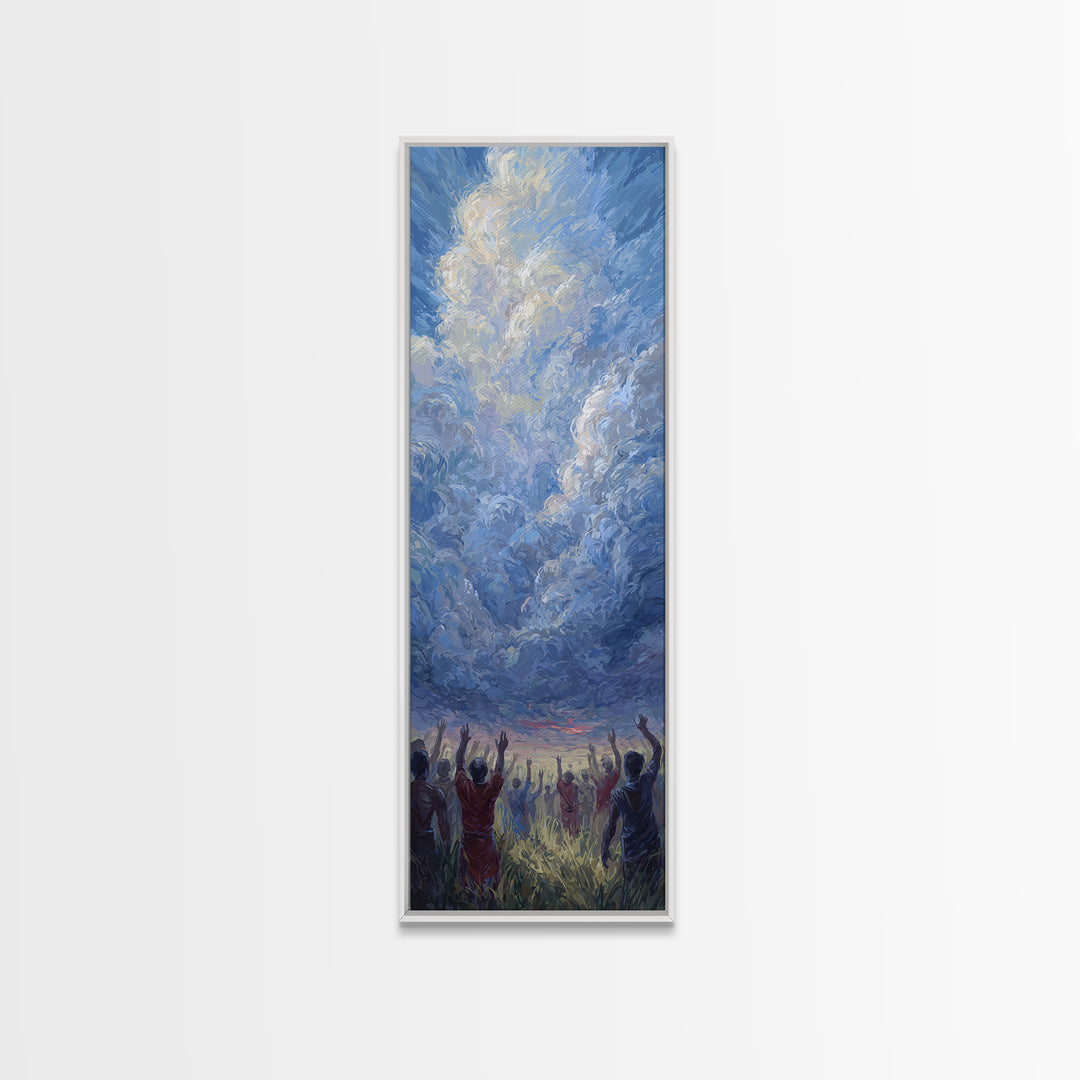 Expressive Blue Sky And Uplifted African Figures Wall Art, Afrocentric Decor, Spiritual Cloud Painting, Hopeful Gift For Home