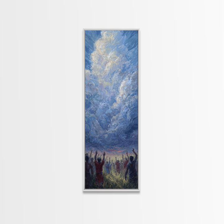 Expressive Blue Sky And Uplifted African Figures Wall Art, Afrocentric Decor, Spiritual Cloud Painting, Hopeful Gift For Home