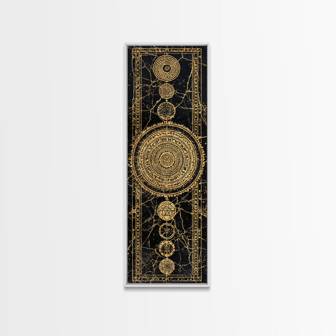 Gold Celestial Mandala Symbols On Black Canvas Print, African Abstract Wall Decor, Tribal Pattern Art, Luxe Mystic Home Gift
