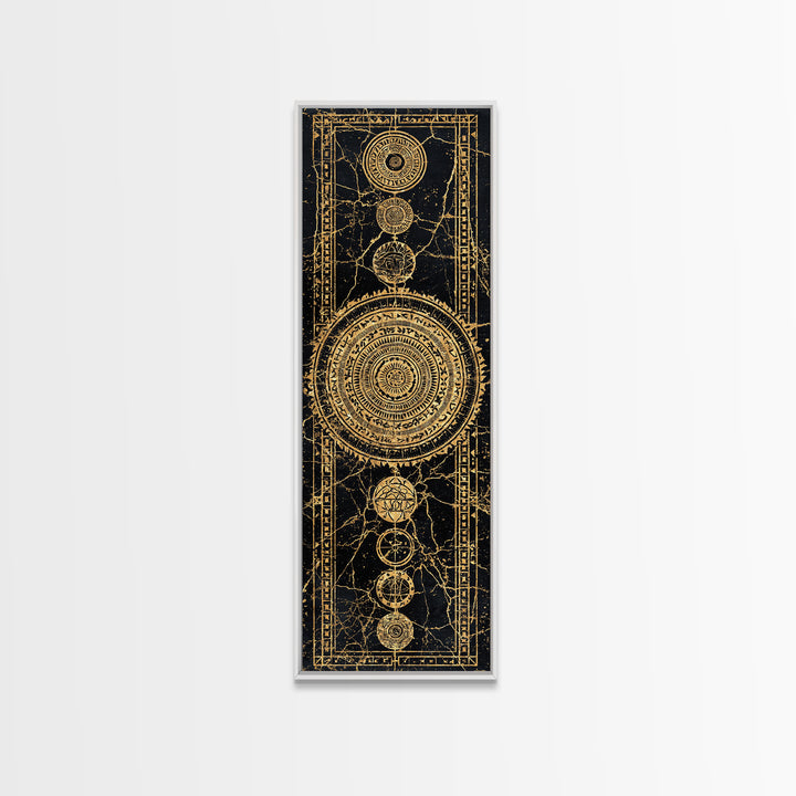Gold Celestial Mandala Symbols On Black Canvas Print, African Abstract Wall Decor, Tribal Pattern Art, Luxe Mystic Home Gift