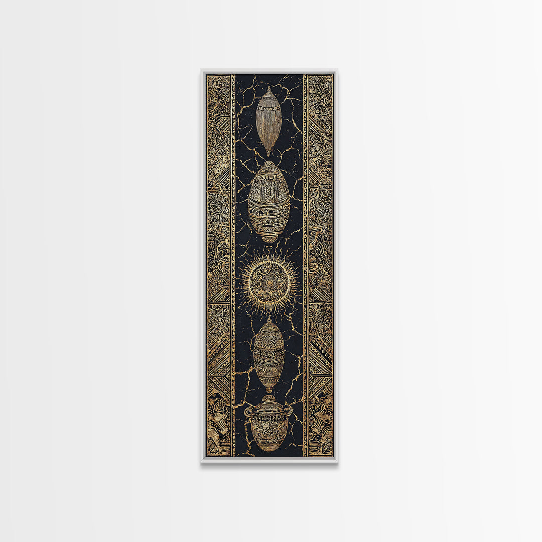 Gold Beetle Talisman And Sun Symbols Framed Canvas Print, African Tribal Decor, Mystic Black Wall Art, Luxe Gift For Unique Home Decor