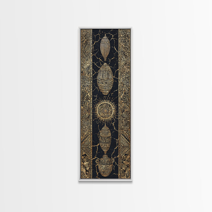 Gold Beetle Talisman And Sun Symbols Framed Canvas Print, African Tribal Decor, Mystic Black Wall Art, Luxe Gift For Unique Home Decor