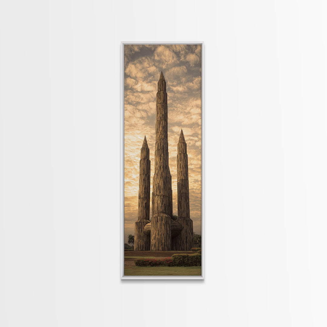 Tall Carved Wooden African Towers At Sunset Canvas Print, Tribal Architecture Wall Decor, Earth Tone Statement Art Gift For Home