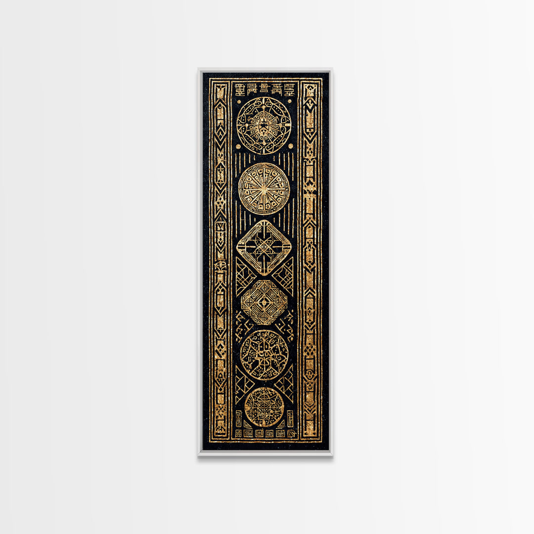 Gold Tribal Medallion Symbols On Black Framed Canvas Print, African Abstract Wall Decor, Mystic Pattern Art Gift For Home Decor