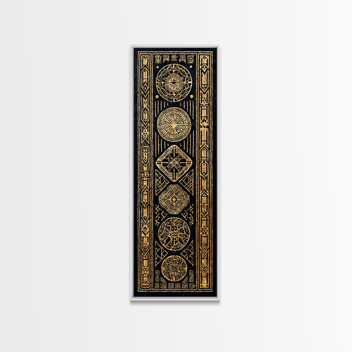 Gold Tribal Medallion Symbols On Black Framed Canvas Print, African Abstract Wall Decor, Mystic Pattern Art Gift For Home Decor
