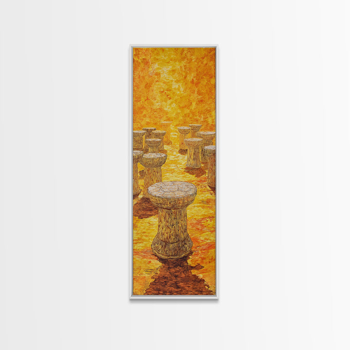 Golden African Stool Landscape Wall Art, Warm Orange Textured Painting, Unique Canvas Decor For Safari Inspired Home Decor