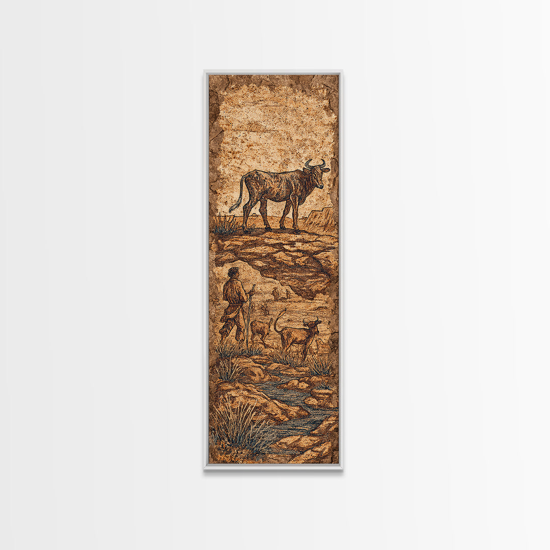 Ancient Cattle Herder Cave Painting Wall Art, African Safari Art Print, Rustic Tribal Landscape Decor For Home Office Decor