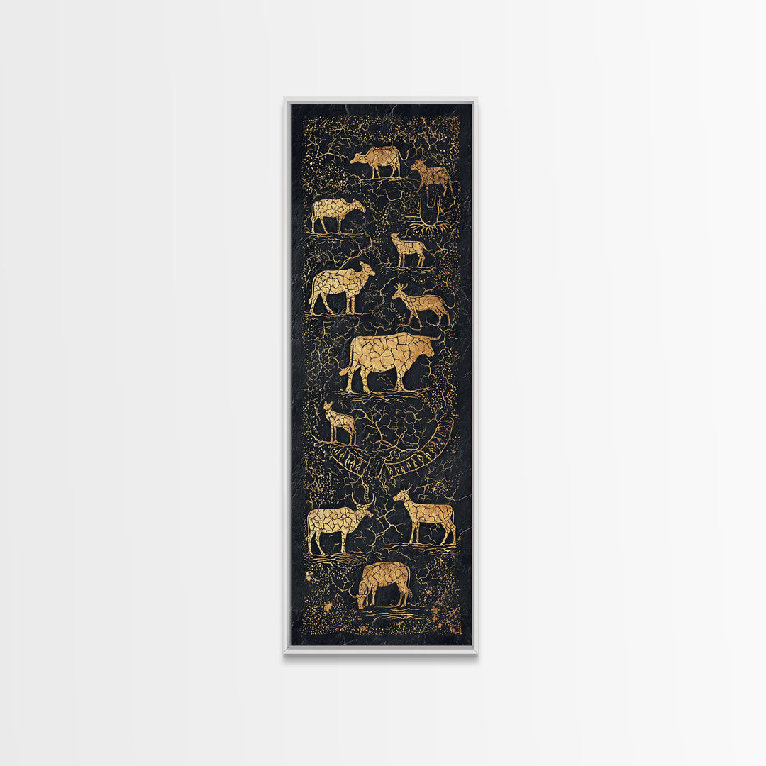 Gold Animal Silhouette African Safari Wall Art, Black Crackle Wildlife Canvas Decor, Tribal Art Print For Living Room Home Decor