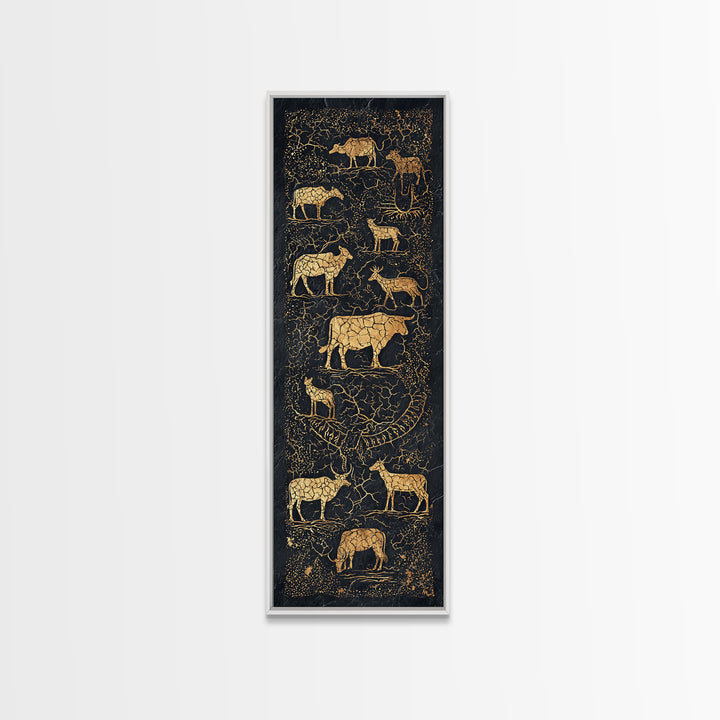 Gold Animal Silhouette African Safari Wall Art, Black Crackle Wildlife Canvas Decor, Tribal Art Print For Living Room Home Decor