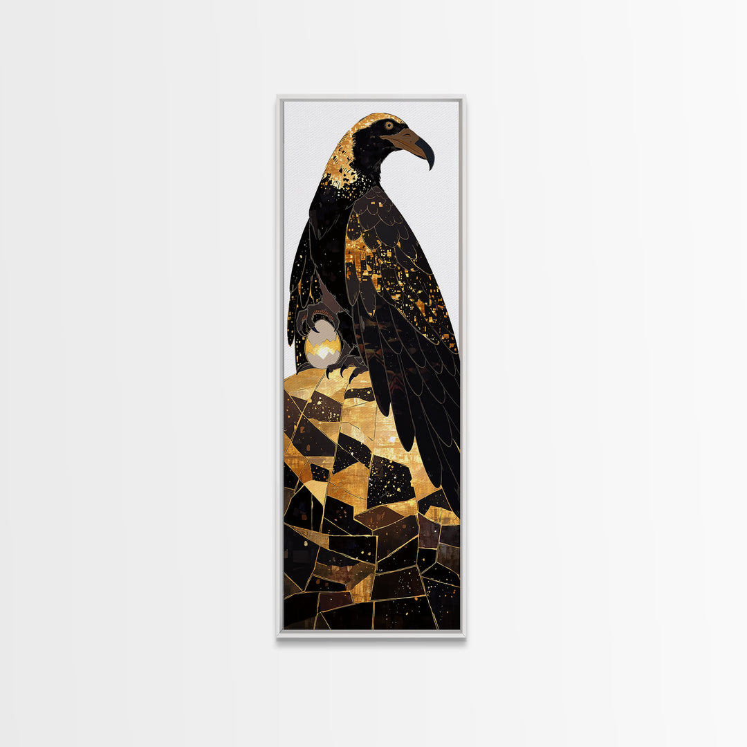 Black And Gold Falcon On Rocks Canvas Print, African Animal Art, Luxury Bird Portrait, Modern Geometric Wall Decor Unique Gift
