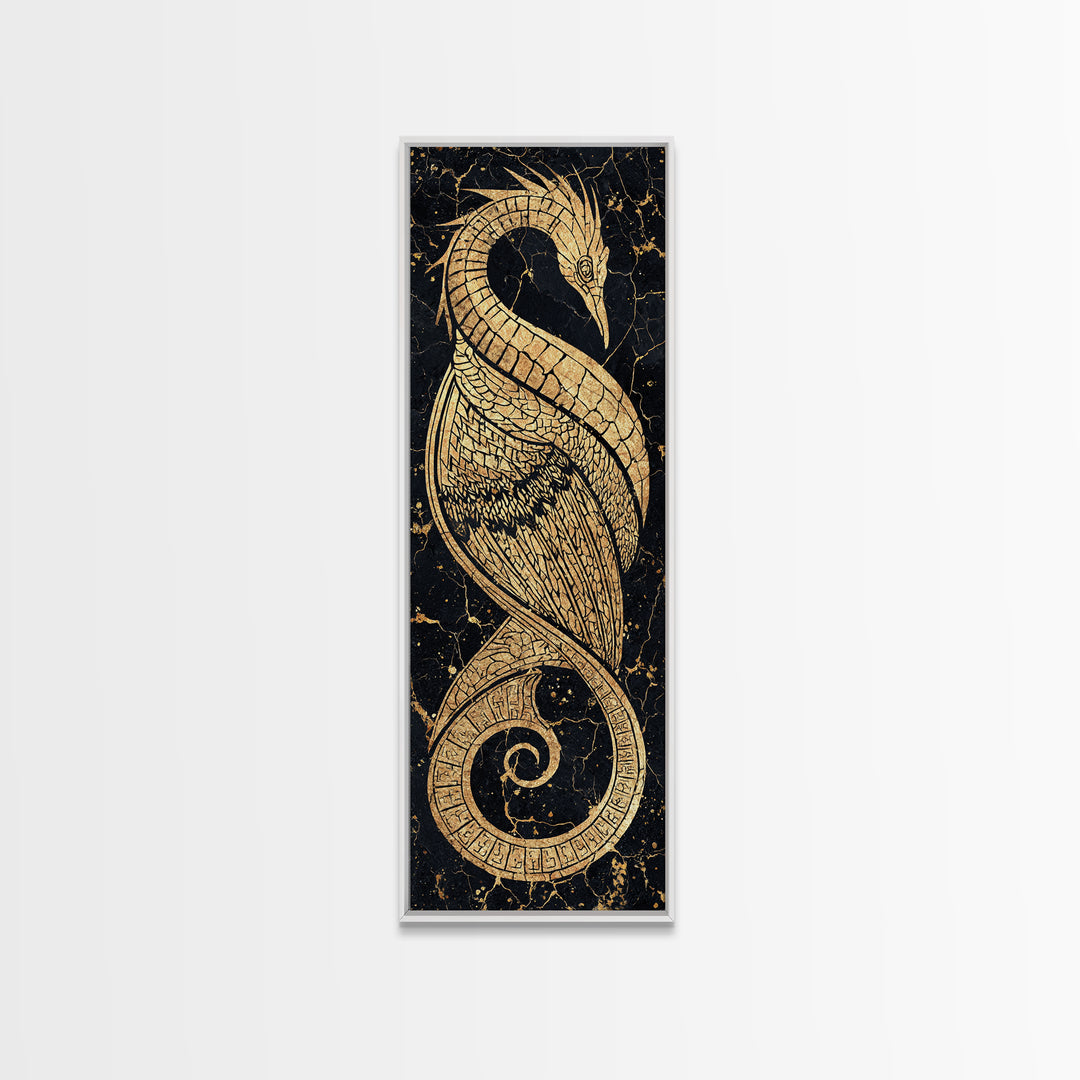 Gold Crane Heron Line Art Canvas Print, Black And Gold African Inspired Bird, Elegant Tribal Luxury Geometric Wall Decor Gift