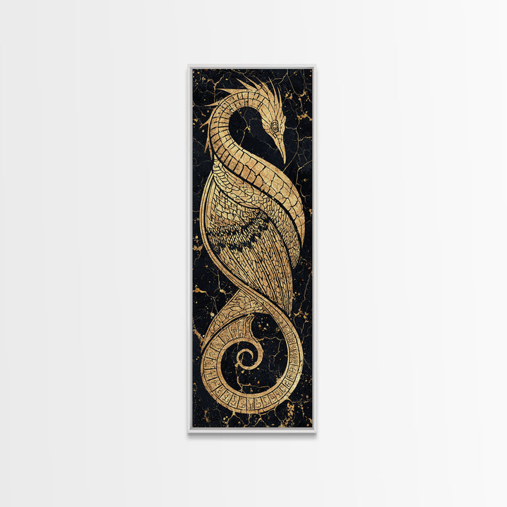 Gold Crane Heron Line Art Canvas Print, Black And Gold African Inspired Bird, Elegant Tribal Luxury Geometric Wall Decor Gift