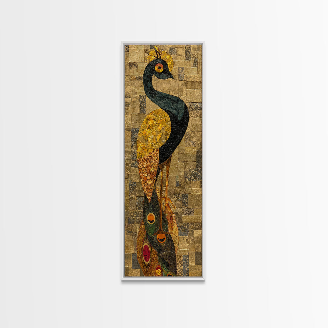 Tall Peacock Tribal Bird Framed Canvas Print, African Inspired Gold Mosaic Portrait, Elegant Cultural Wall Home Decor Gift
