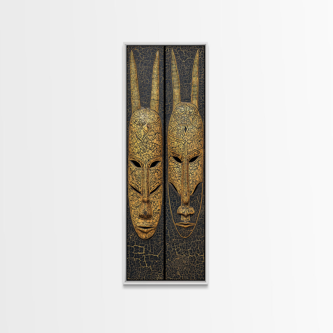 Gold Tribal Mask Diptych Wall Art, African Mask Art, African Tribal Decor, Black Gold Canvas, Afrocentric Home Decor Gift